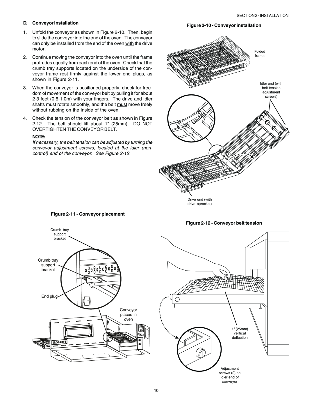 Blodgett BG2136 manual English, D. Conveyor Installation, 11 - Conveyor placement, 10 - Conveyor installation 
