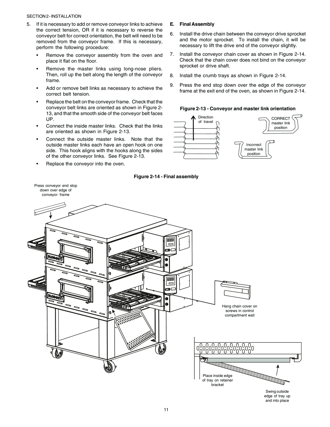 Blodgett BG2136 English, Replace the conveyor into the oven, E. Final Assembly, 13 - Conveyor and master link orientation 