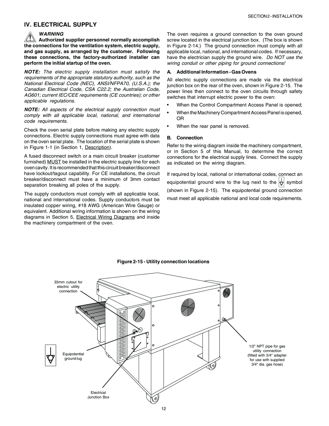 Blodgett BG2136 manual English, Iv. Electrical Supply, A. Additional Information - Gas Ovens, B. Connection 