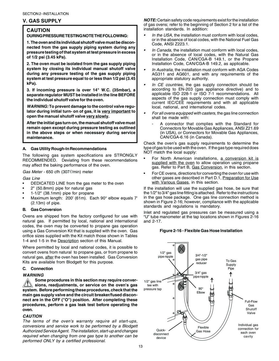 Blodgett BG2136 English, During Pressure Testing Note The Following, A. Gas Utility Rough-In Recommendations, Gas Line 