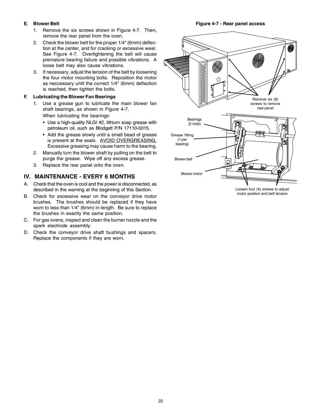 Blodgett BG2136 manual English, IV. MAINTENANCE - EVERY 6 MONTHS, E. Blower Belt, F. Lubricating the Blower Fan Bearings 