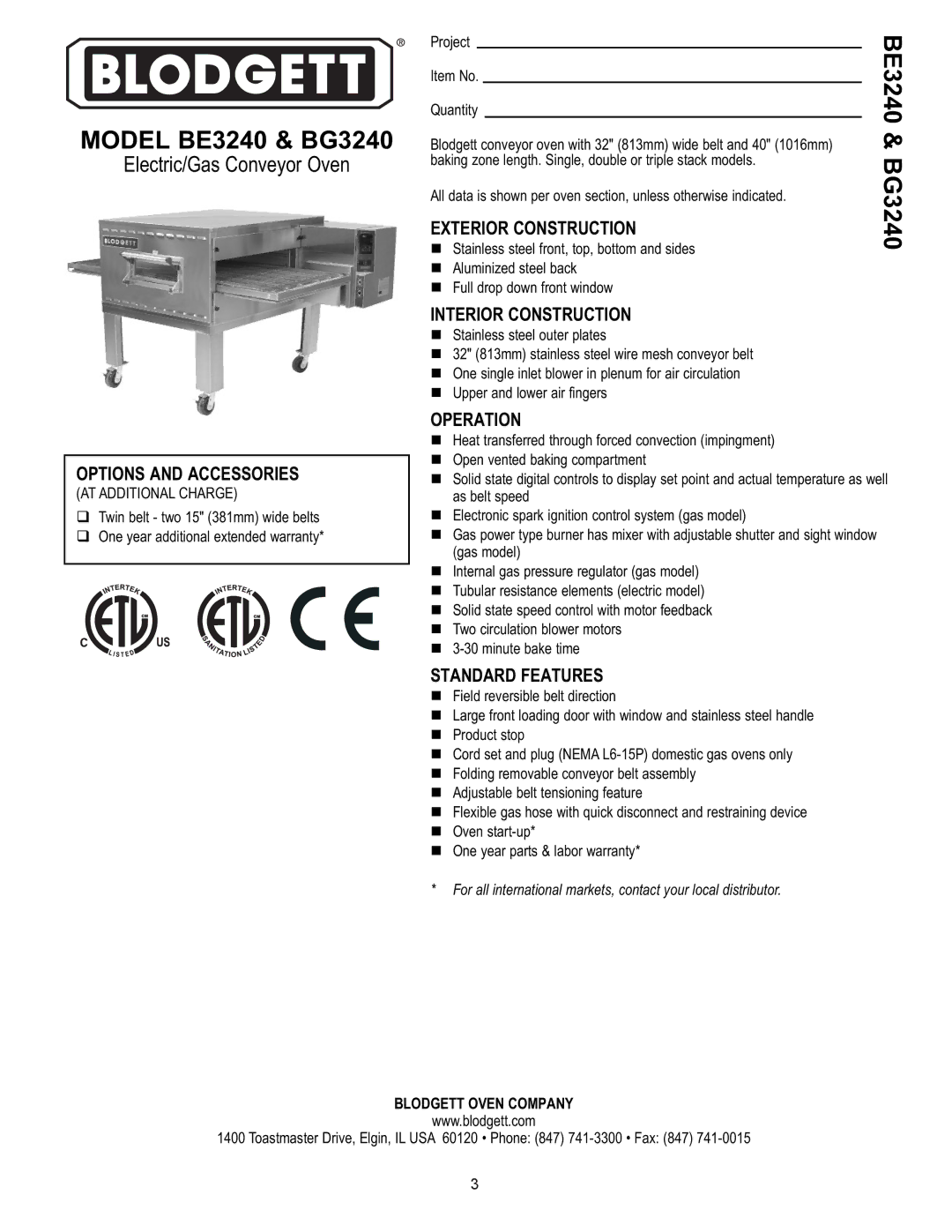 Blodgett manual Model BE3240 & BG3240 