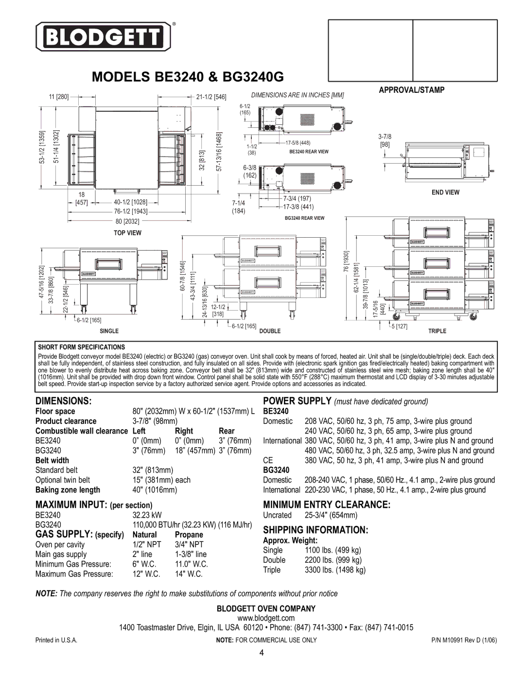 Blodgett BG3240 manual Dimensions 