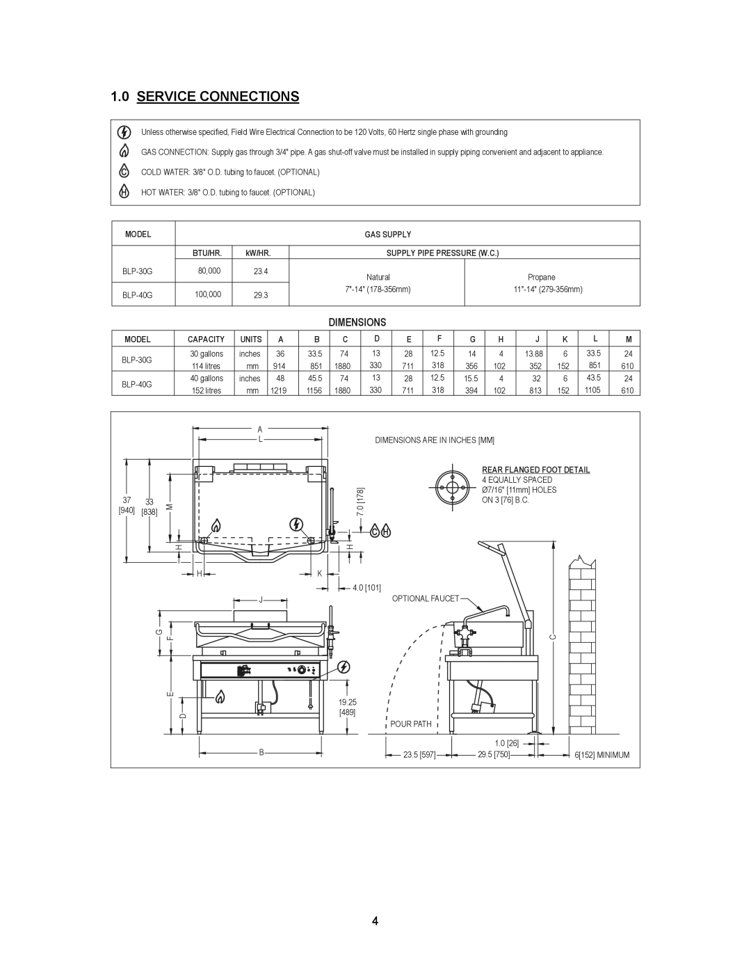 Blodgett BLP-40G manual Service Connections, Dimensions 