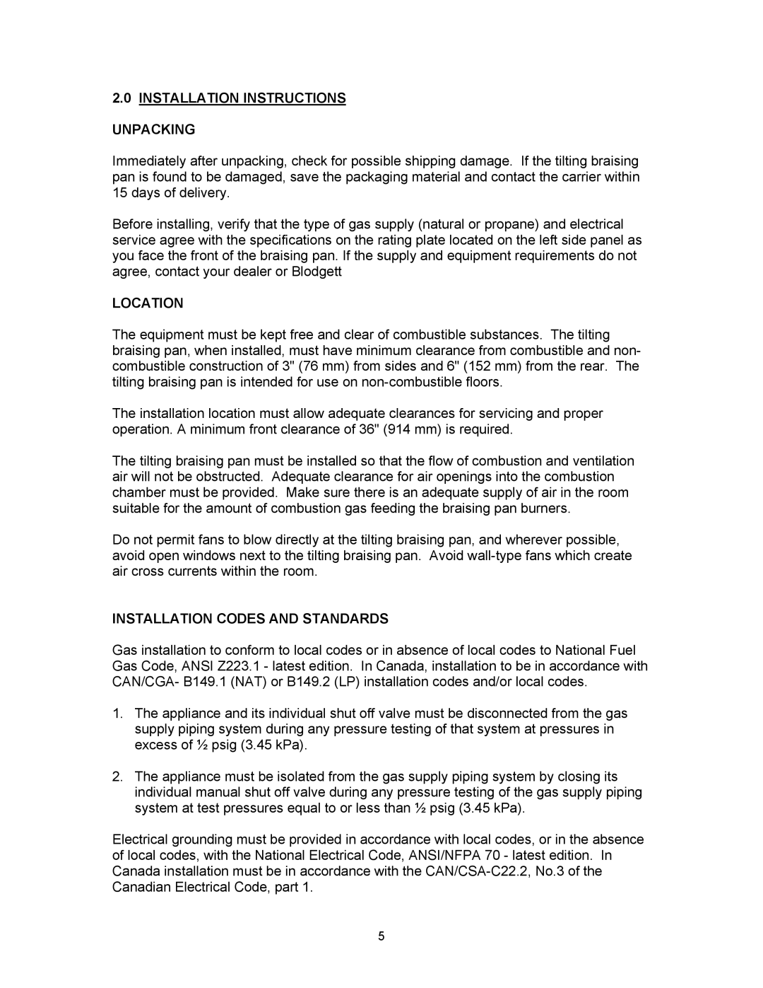 Blodgett BLP-40G manual Installation Instructions Unpacking, Location, Installation Codes and Standards 