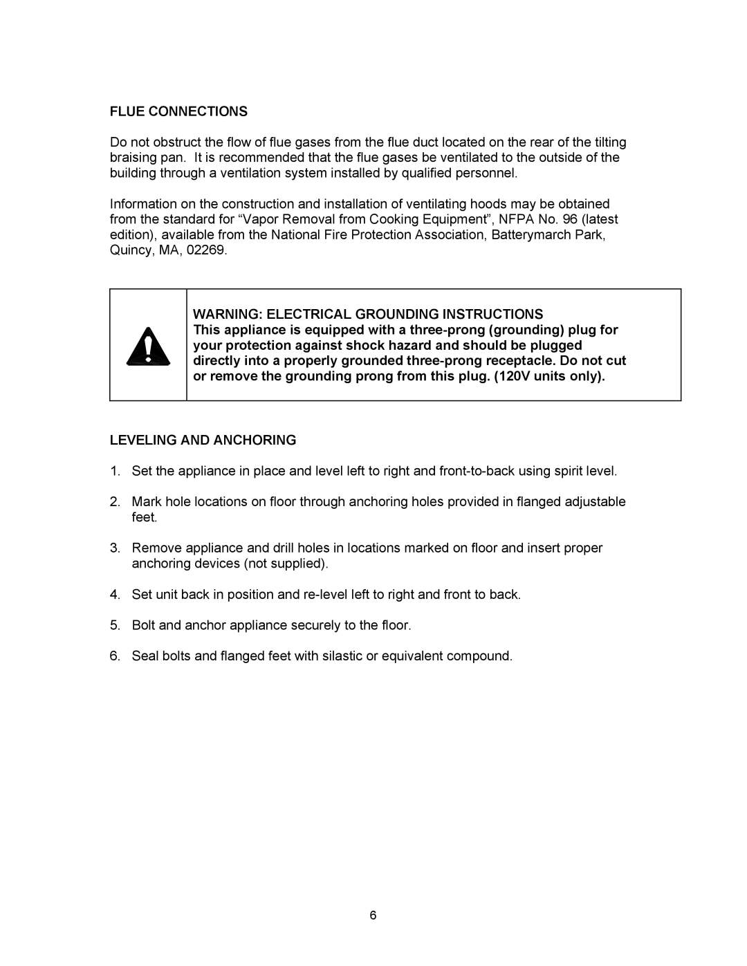 Blodgett BLP-40G manual Flue Connections, Leveling and Anchoring 