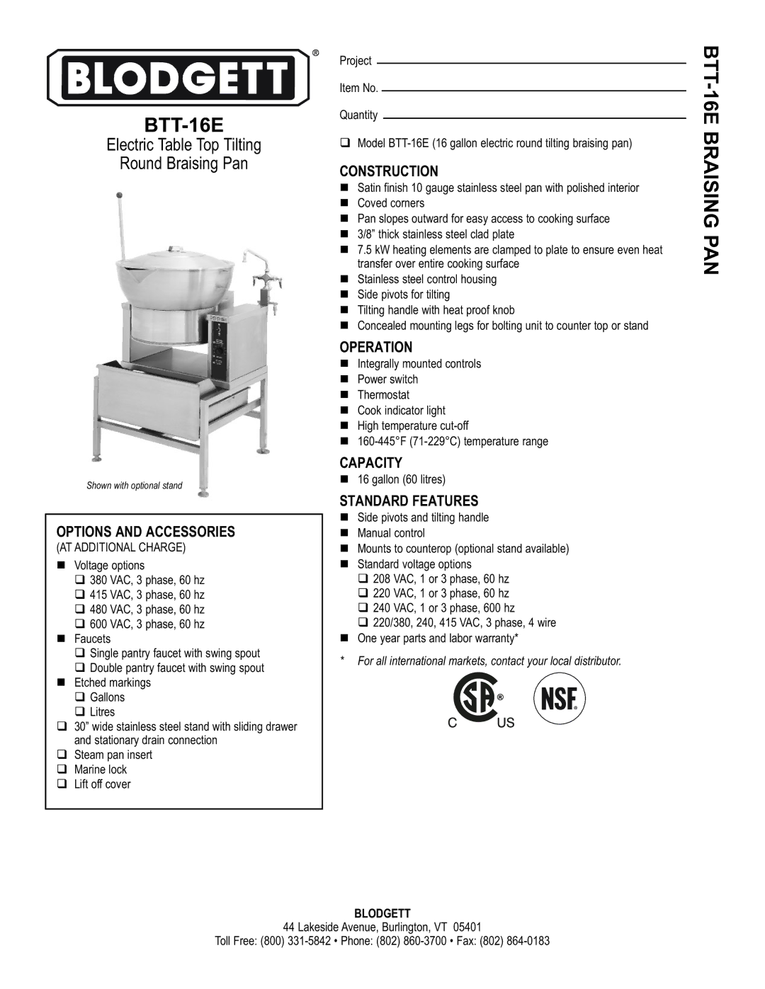 Blodgett warranty BTT-16E Braising PAN 