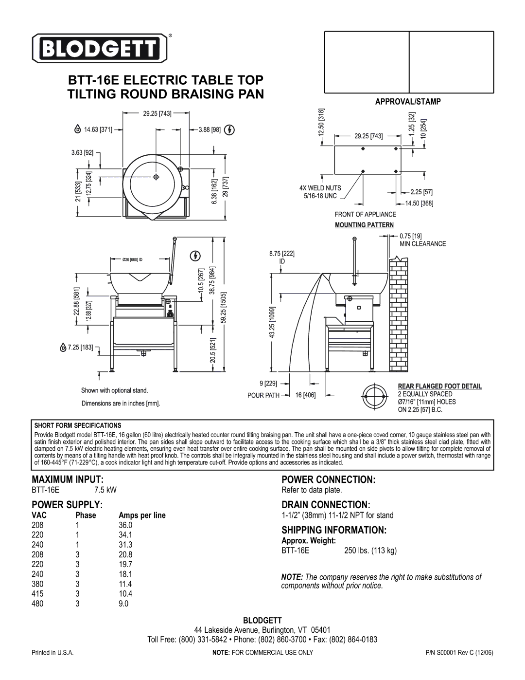 Blodgett BTT-16E warranty Maximum Input Power Connection, Power Supply Drain Connection, Shipping Information 