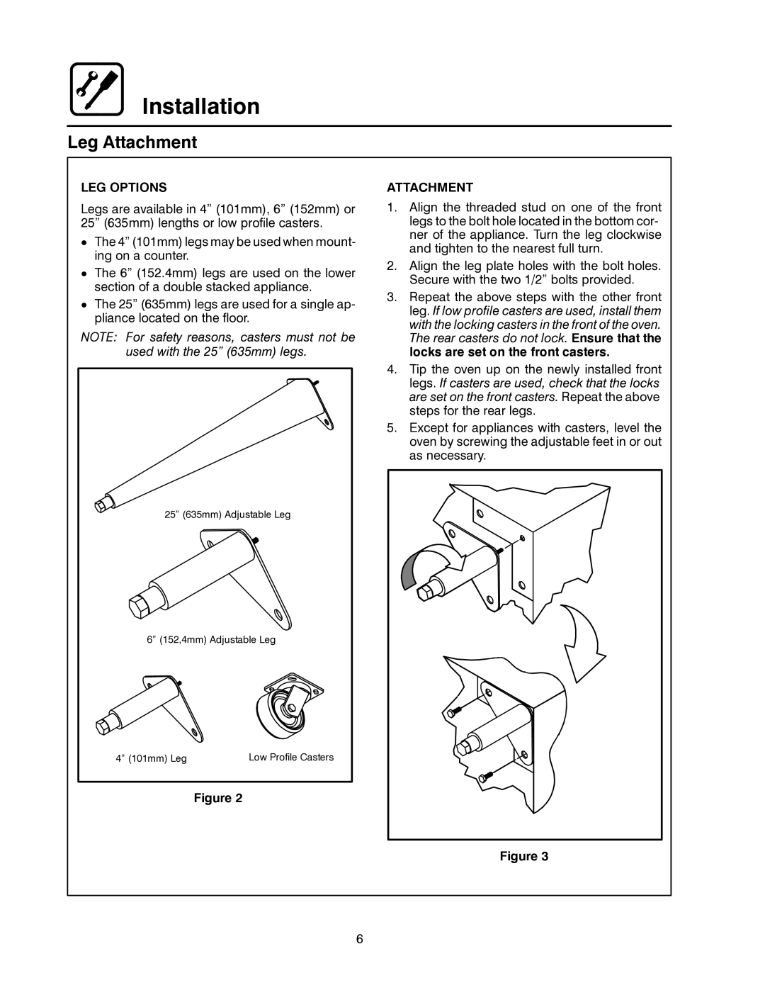 Blodgett CNV14G, CNV14E manual Leg Attachment, LEG Options 