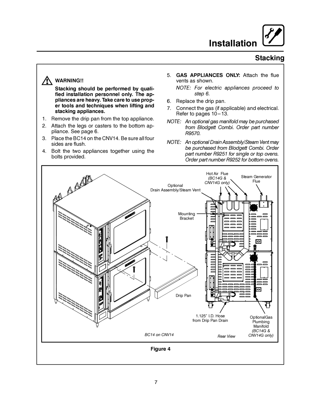 Blodgett CNV14E, CNV14G manual Stacking, GAS Appliances only Attach the flue vents as shown 