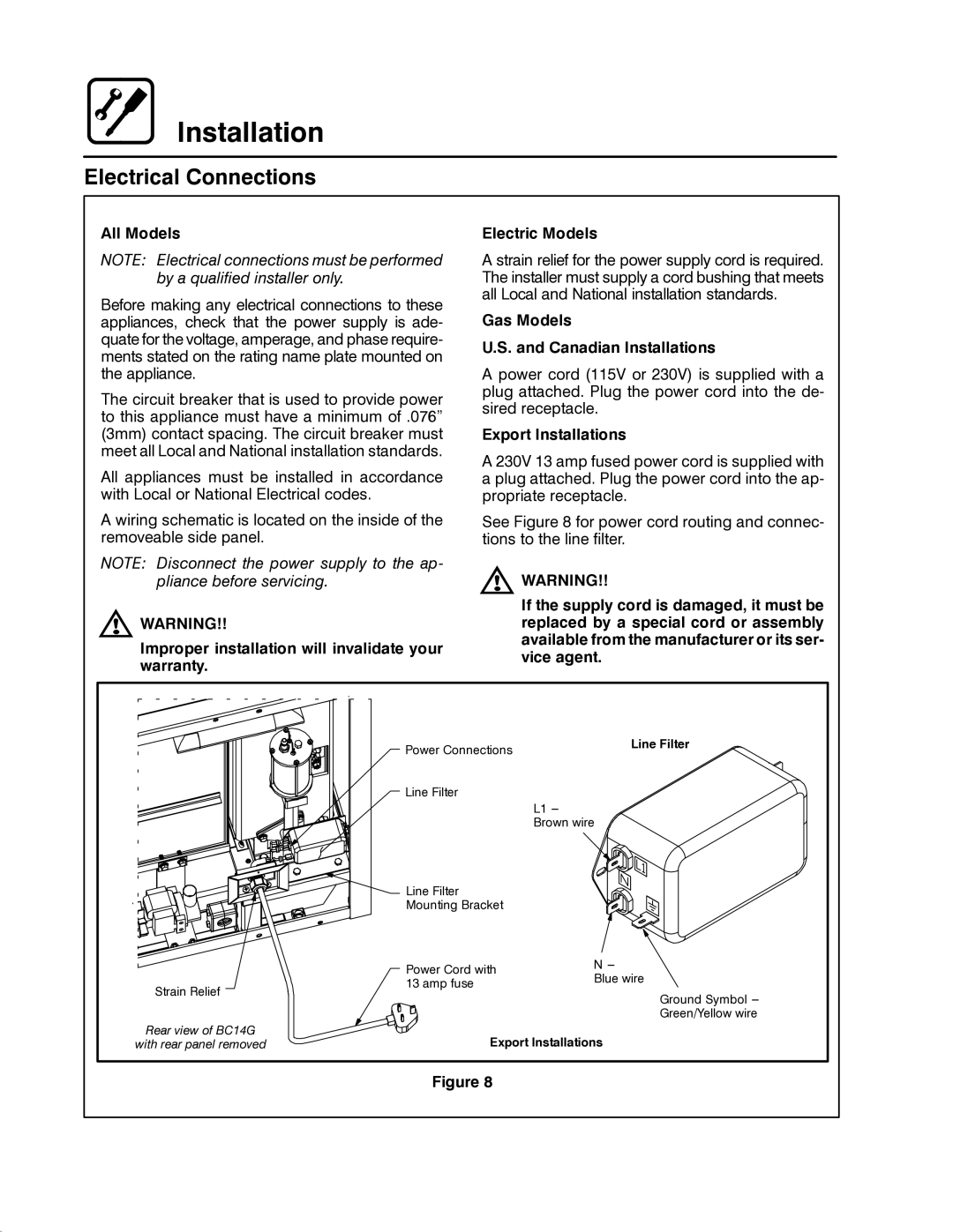 Blodgett CNV14G, CNV14E manual Electrical Connections, All Models, Gas Models Canadian Installations, Export Installations 