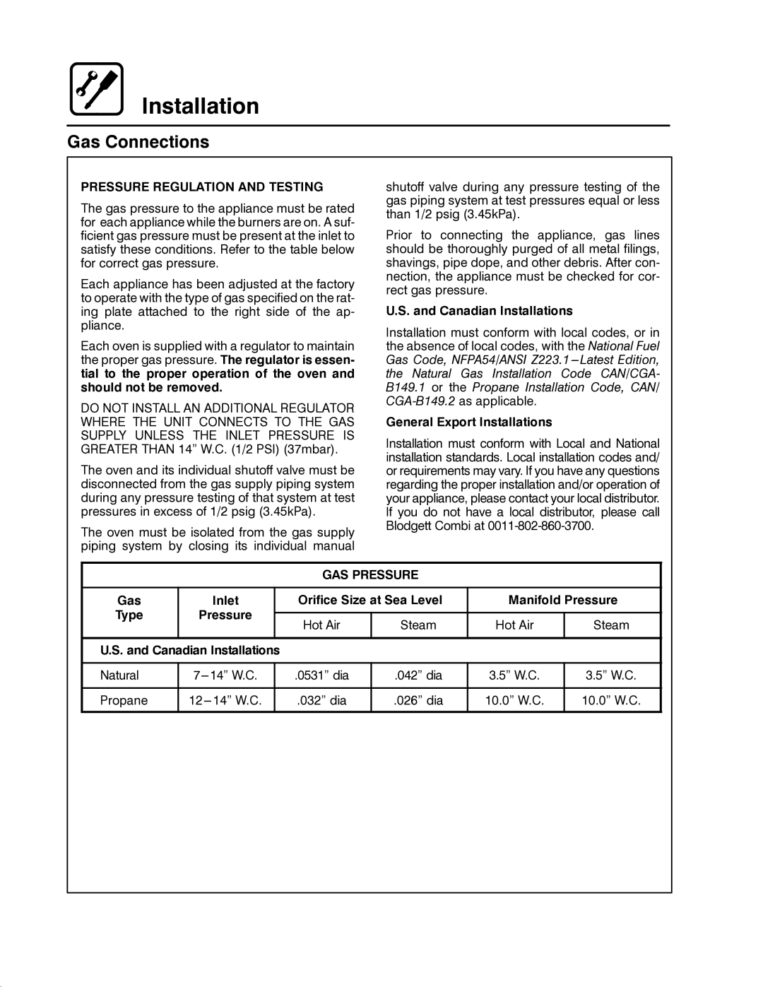 Blodgett CNV14G manual Pressure Regulation and Testing, GAS Pressure, Gas Inlet Orifice Size at Sea Level Manifold Pressure 