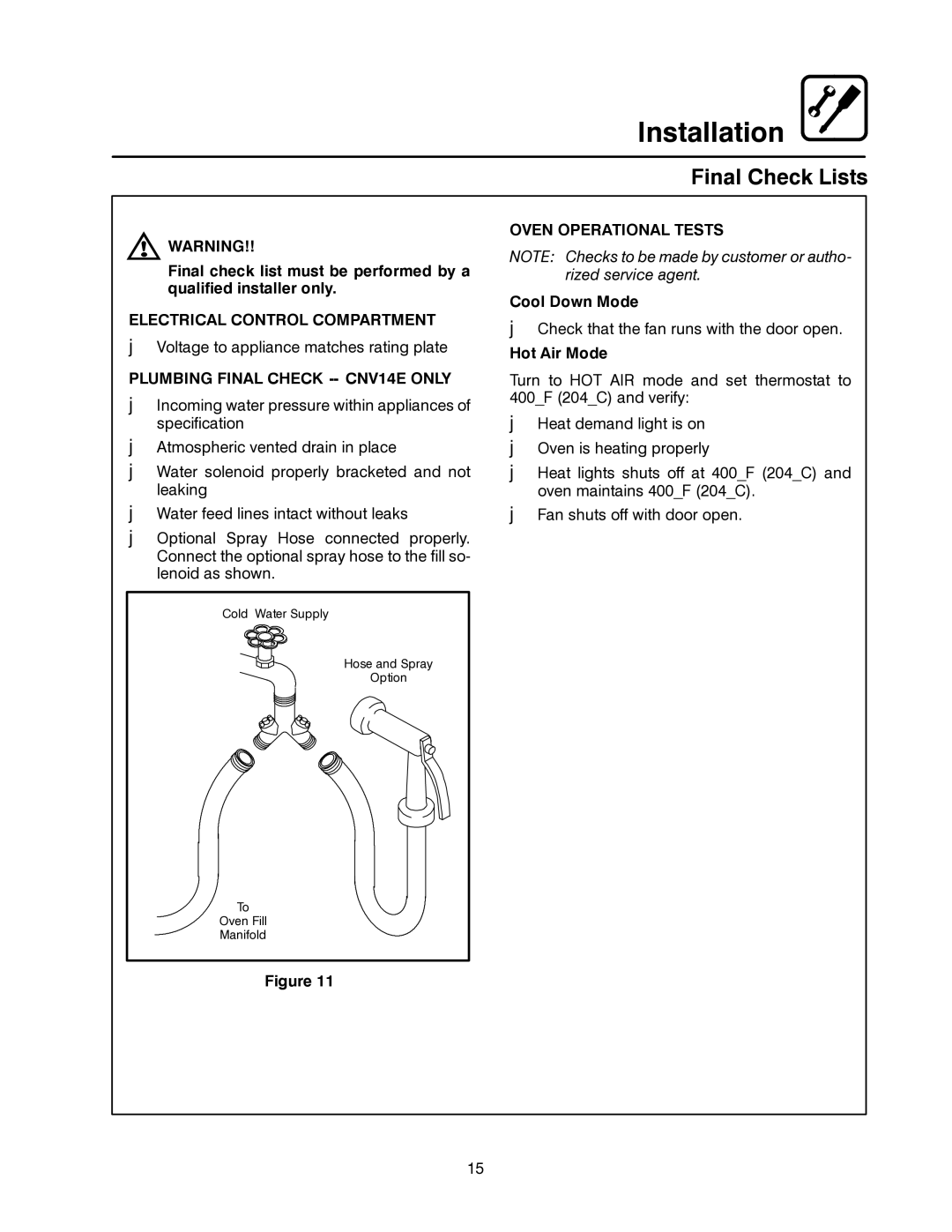 Blodgett Final Check Lists, Electrical Control Compartment, Plumbing Final Check -- CNV14E only, Oven Operational Tests 