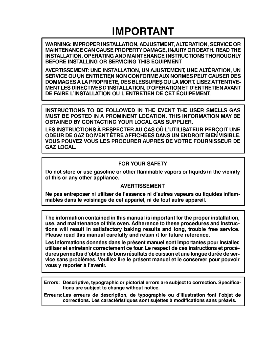 Blodgett CNV14E, CNV14G manual Avertissement 