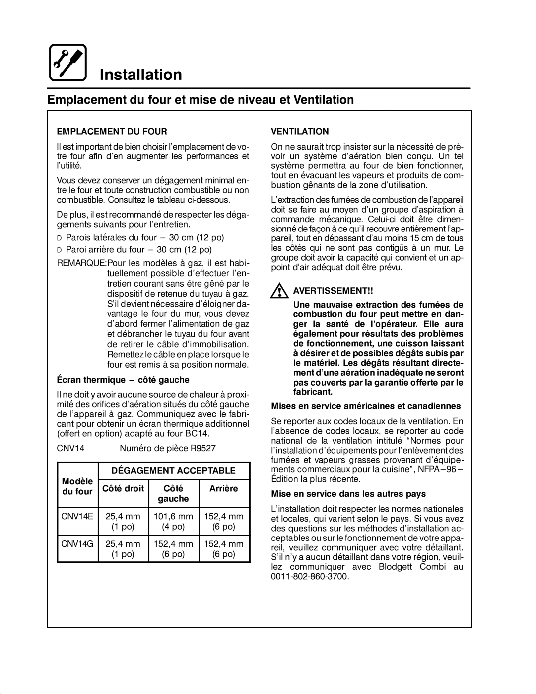 Blodgett CNV14G, CNV14E Emplacement du four et mise de niveau et Ventilation, Emplacement DU Four, Dégagement Acceptable 