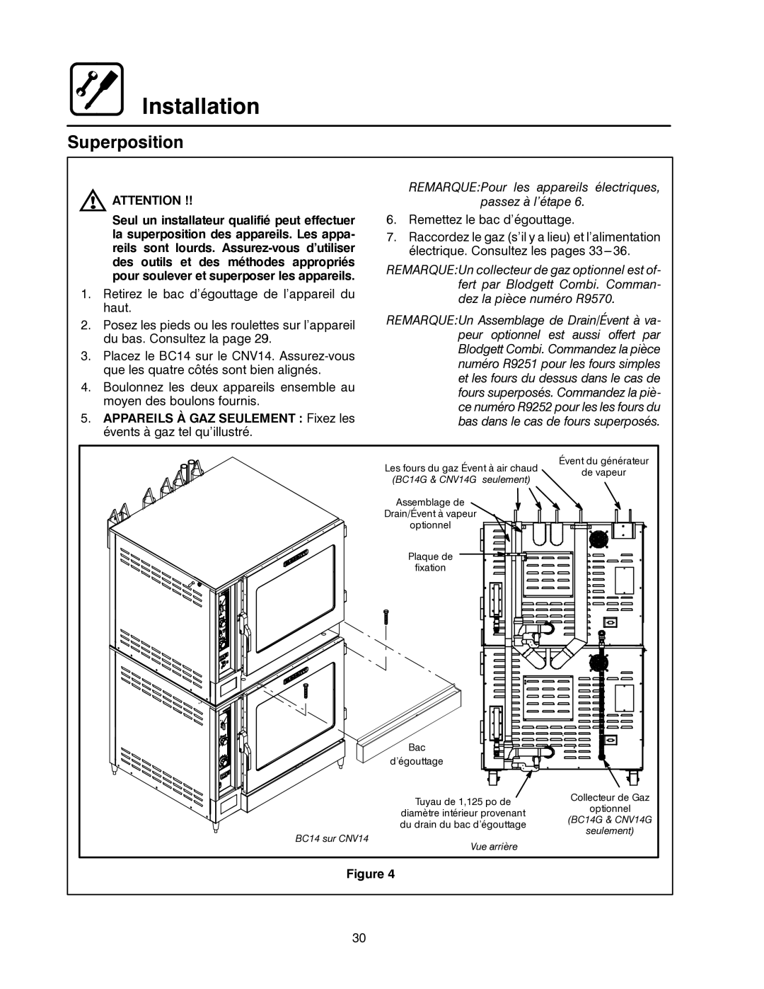 Blodgett CNV14G, CNV14E manual Superposition, REMARQUEPour les appareils électriques Passez à l’étape 