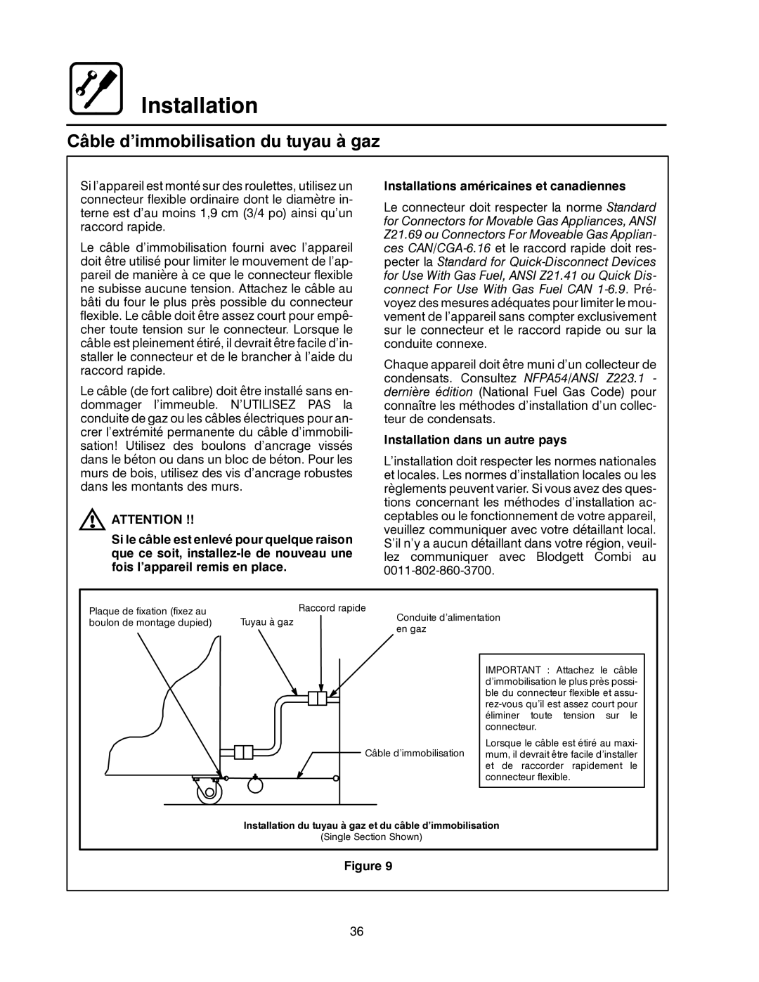 Blodgett CNV14G, CNV14E manual Câble d’immobilisation du tuyau à gaz, Installation dans un autre pays 