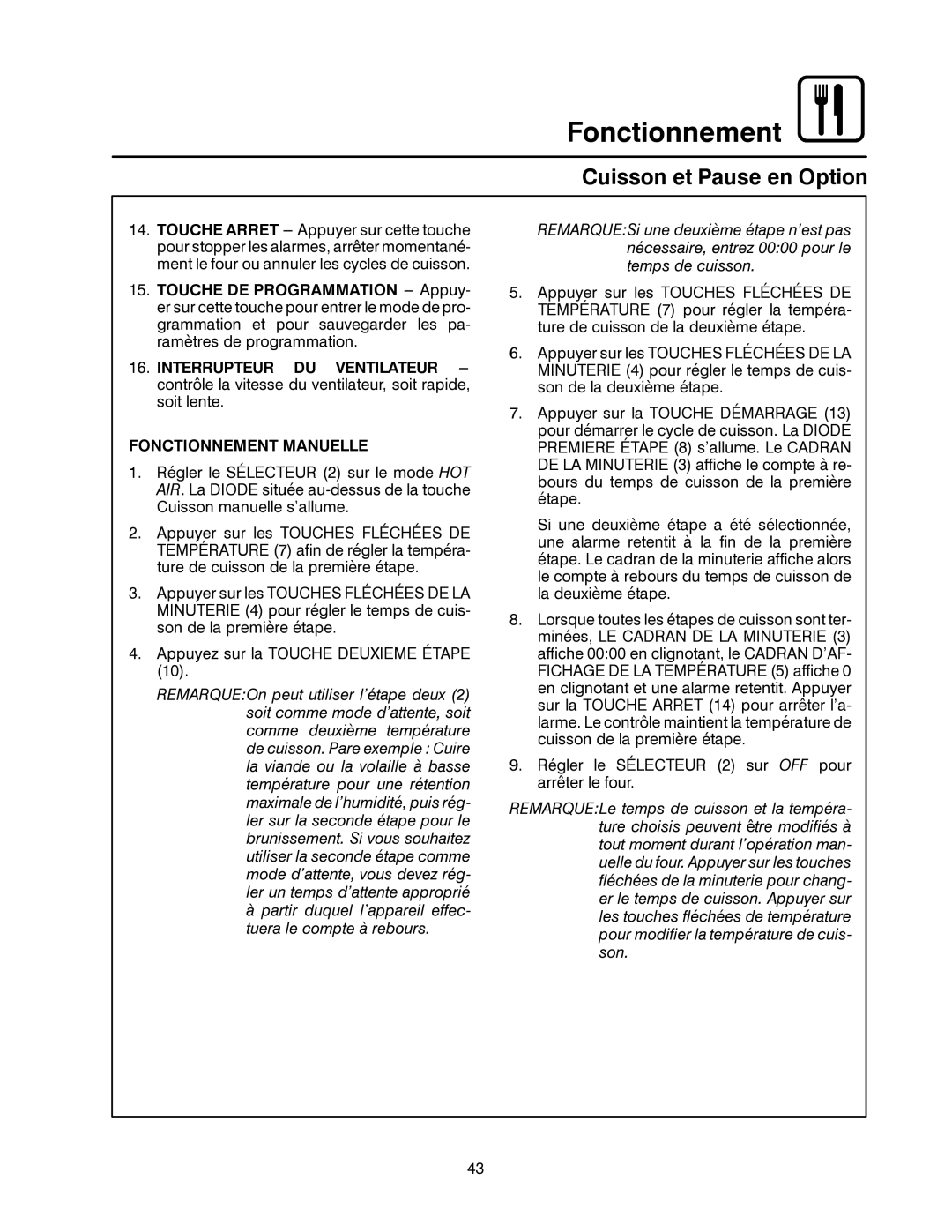 Blodgett CNV14E, CNV14G manual Fonctionnement Manuelle 