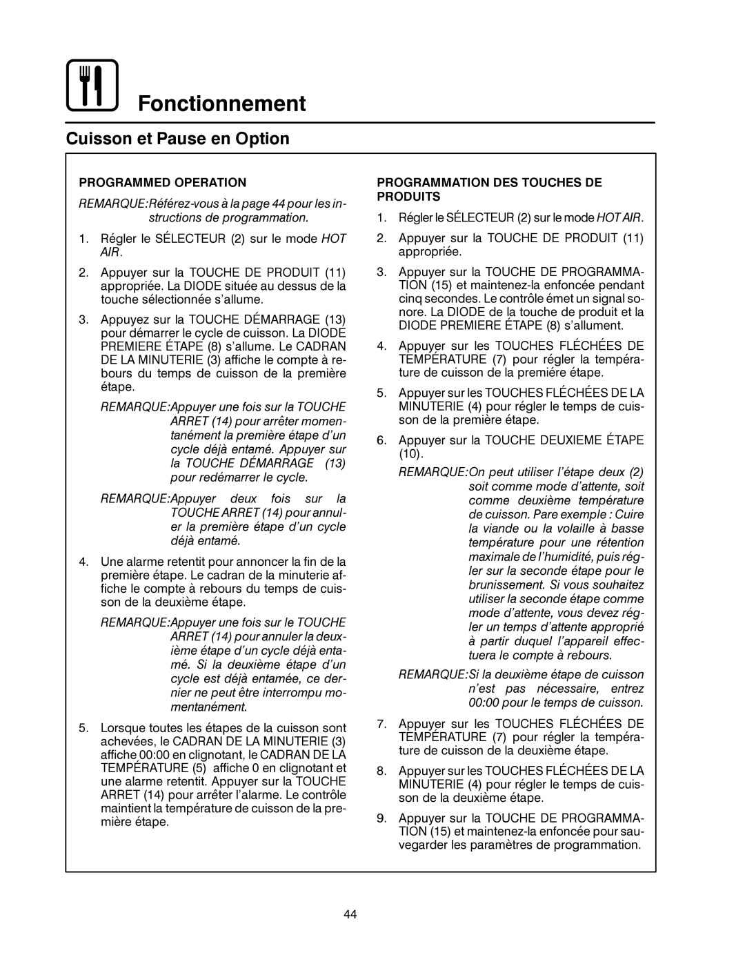 Blodgett CNV14G, CNV14E manual Programmed Operation, Programmation DES Touches DE Produits 