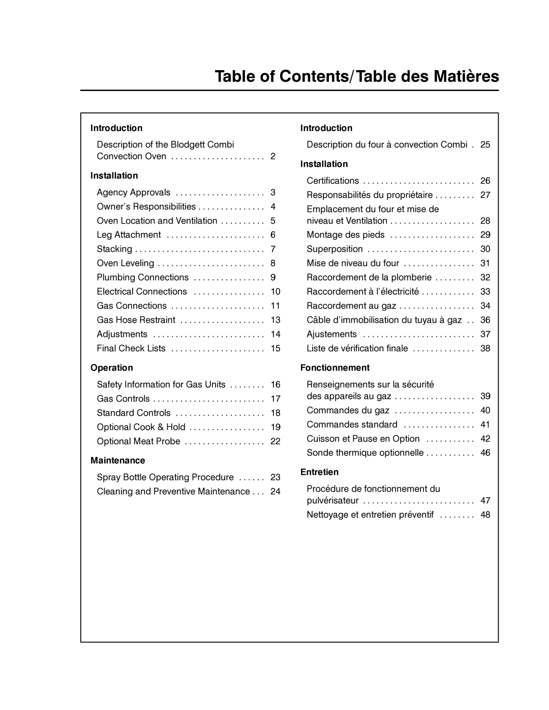 Blodgett CNV14E, CNV14G manual Table of Contents/Table des Matières 