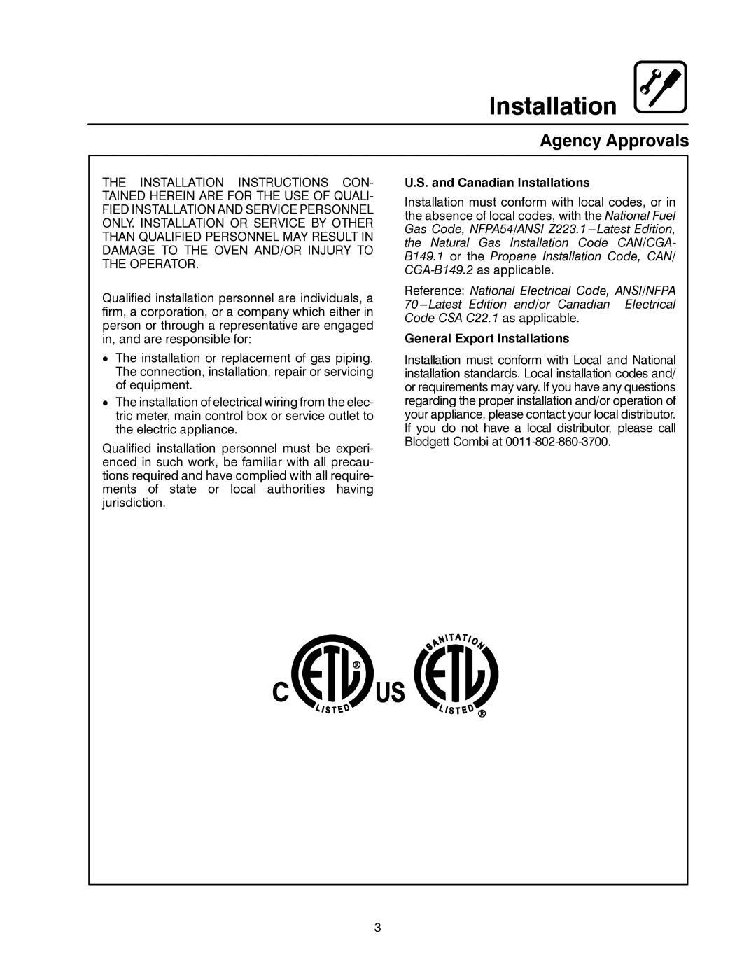 Blodgett CNV14E, CNV14G manual Agency Approvals, Canadian Installations, General Export Installations 