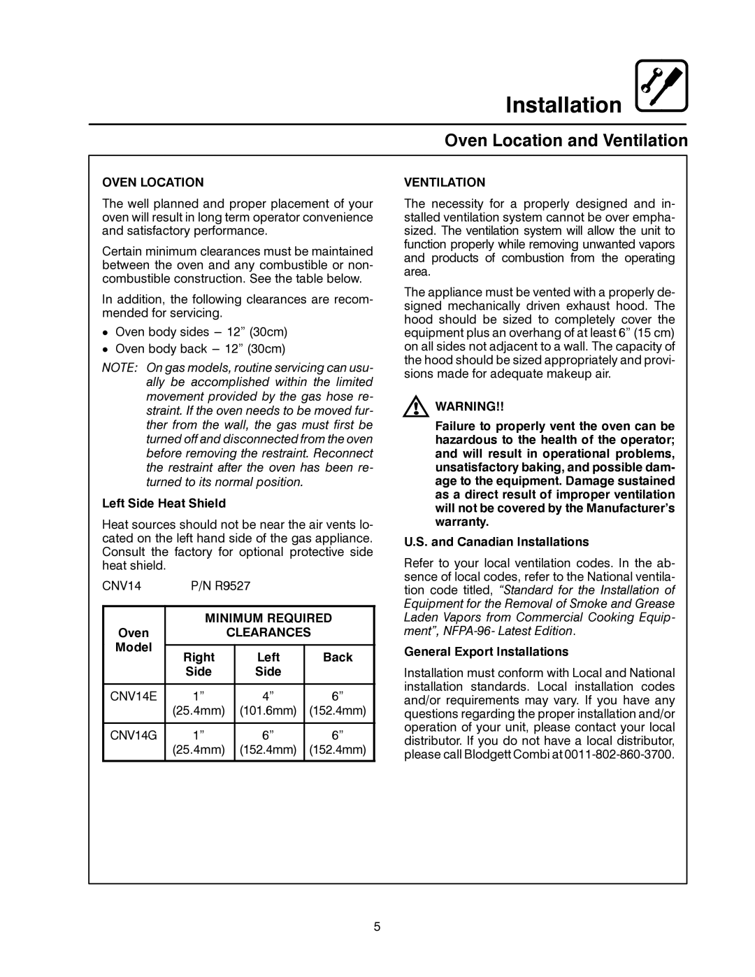 Blodgett CNV14E, CNV14G manual Oven Location and Ventilation, Minimum Required, Clearances 