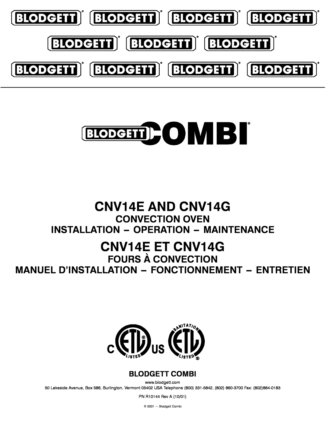 Blodgett manual CNV14E AND CNV14G, CNV14E ET CNV14G, Convection Oven Installation -- Operation -- Maintenance 