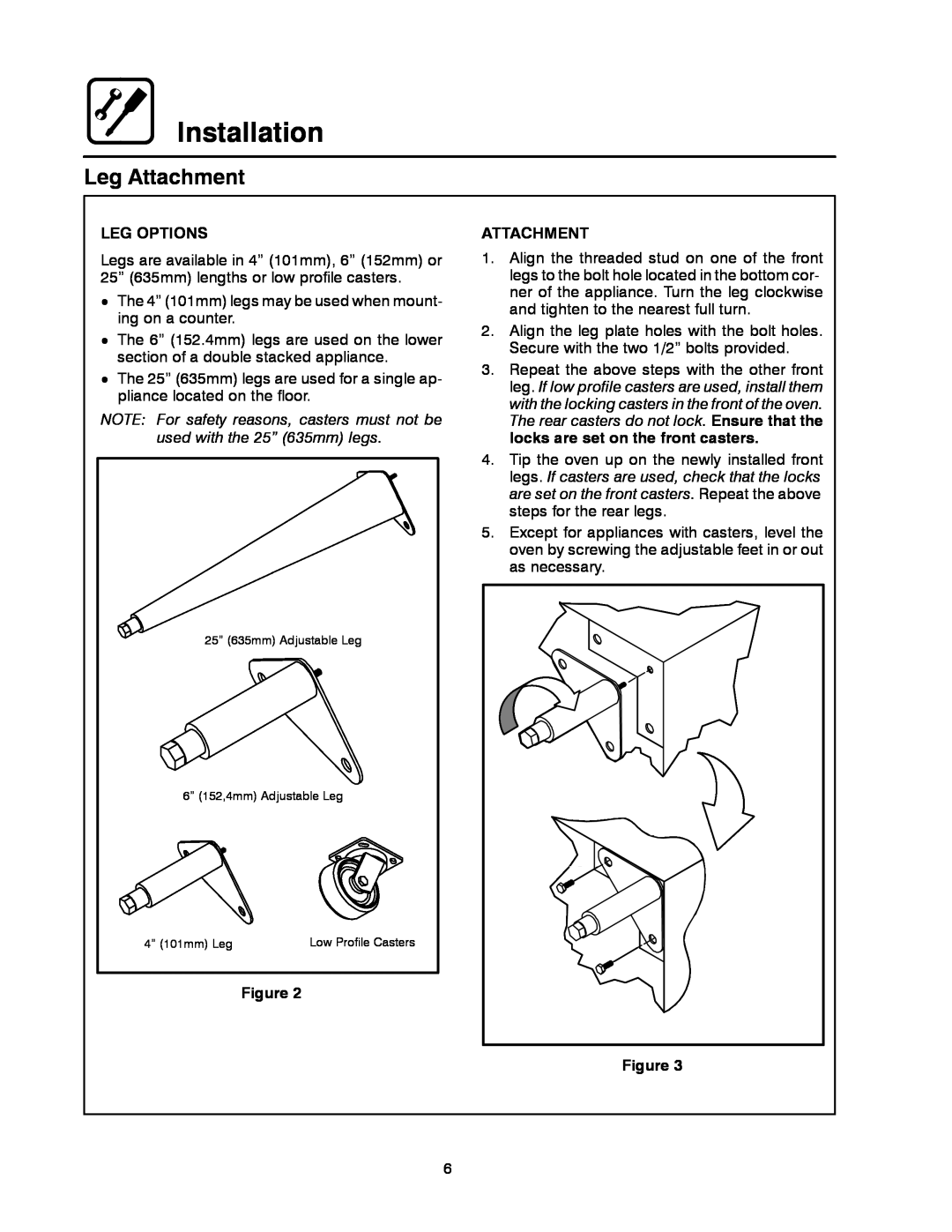 Blodgett CNV14G, CNV14E manual Leg Attachment, Installation, Leg Options 