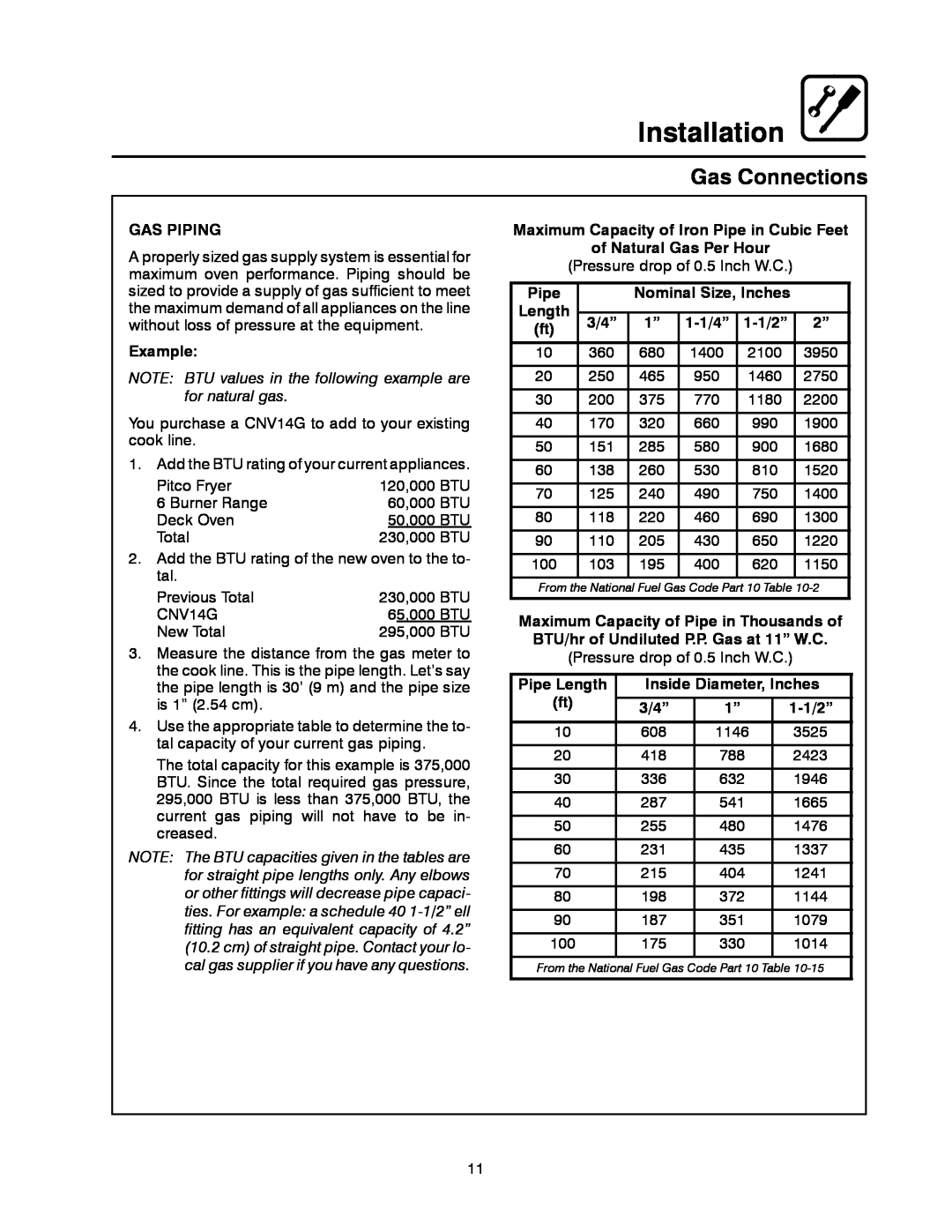 Blodgett CNV14E manual Gas Connections, Installation, Gas Piping, Example, Pipe, Nominal Size, Inches, Length, 3/4”, 1-1/4” 