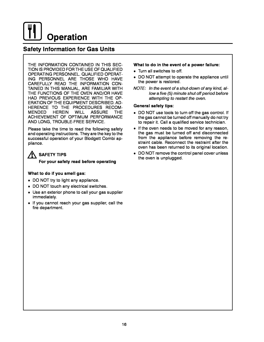 Blodgett CNV14G, CNV14E Operation, Safety Information for Gas Units, SAFETY TIPS For your safety read before operating 