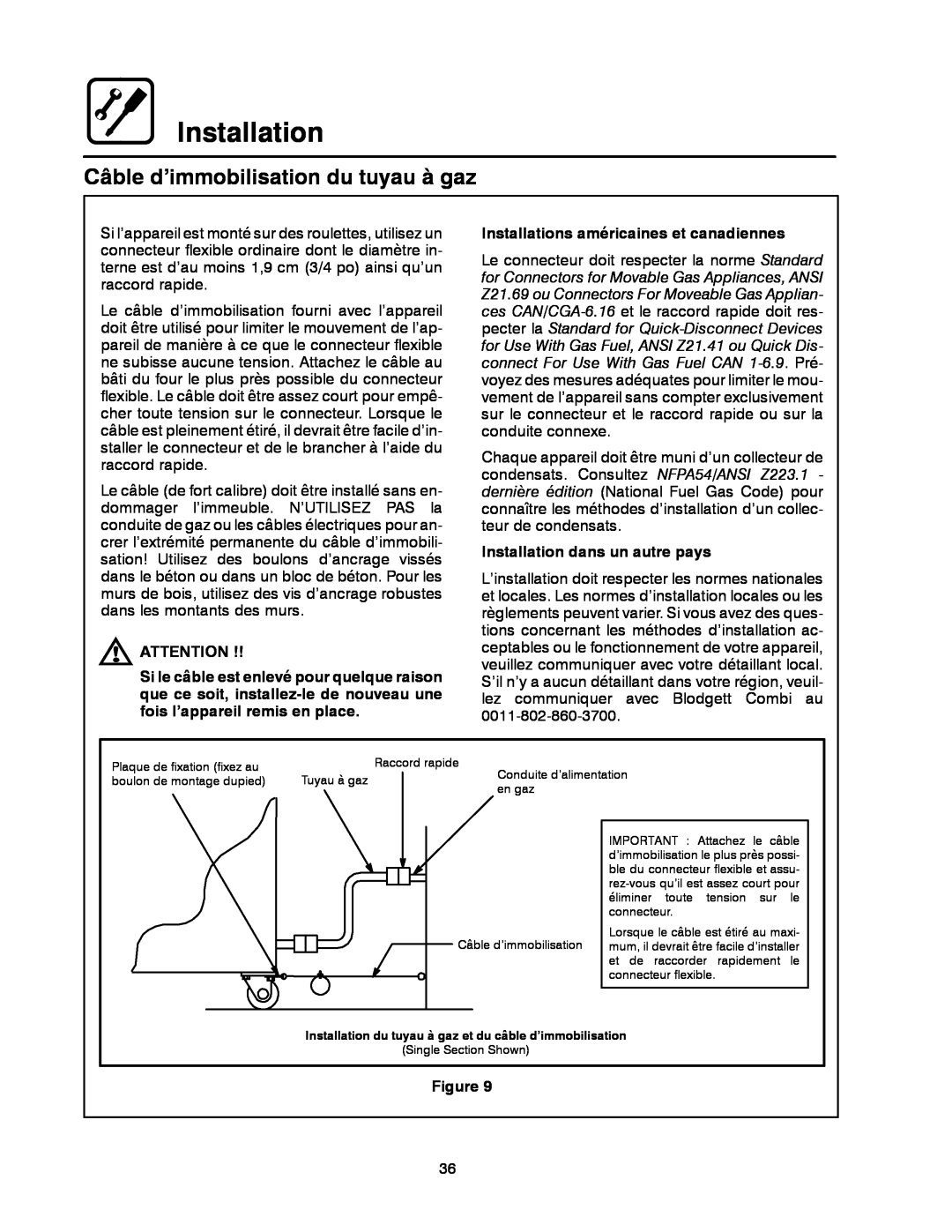 Blodgett CNV14G, CNV14E manual Câble d’immobilisation du tuyau à gaz, Installations américaines et canadiennes 