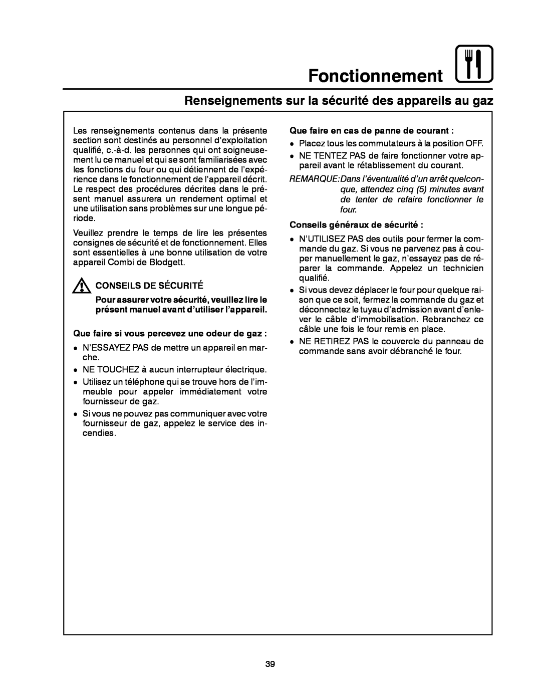 Blodgett CNV14E, CNV14G manual Fonctionnement, Renseignements sur la sécurité des appareils au gaz, Conseils De Sécurité 