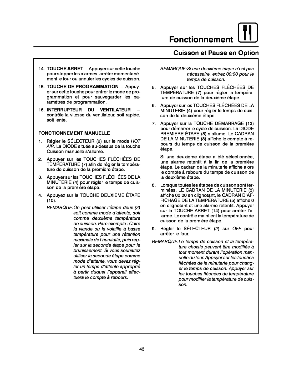 Blodgett CNV14E, CNV14G manual Cuisson et Pause en Option, Interrupteur Du Ventilateur, Fonctionnement Manuelle 