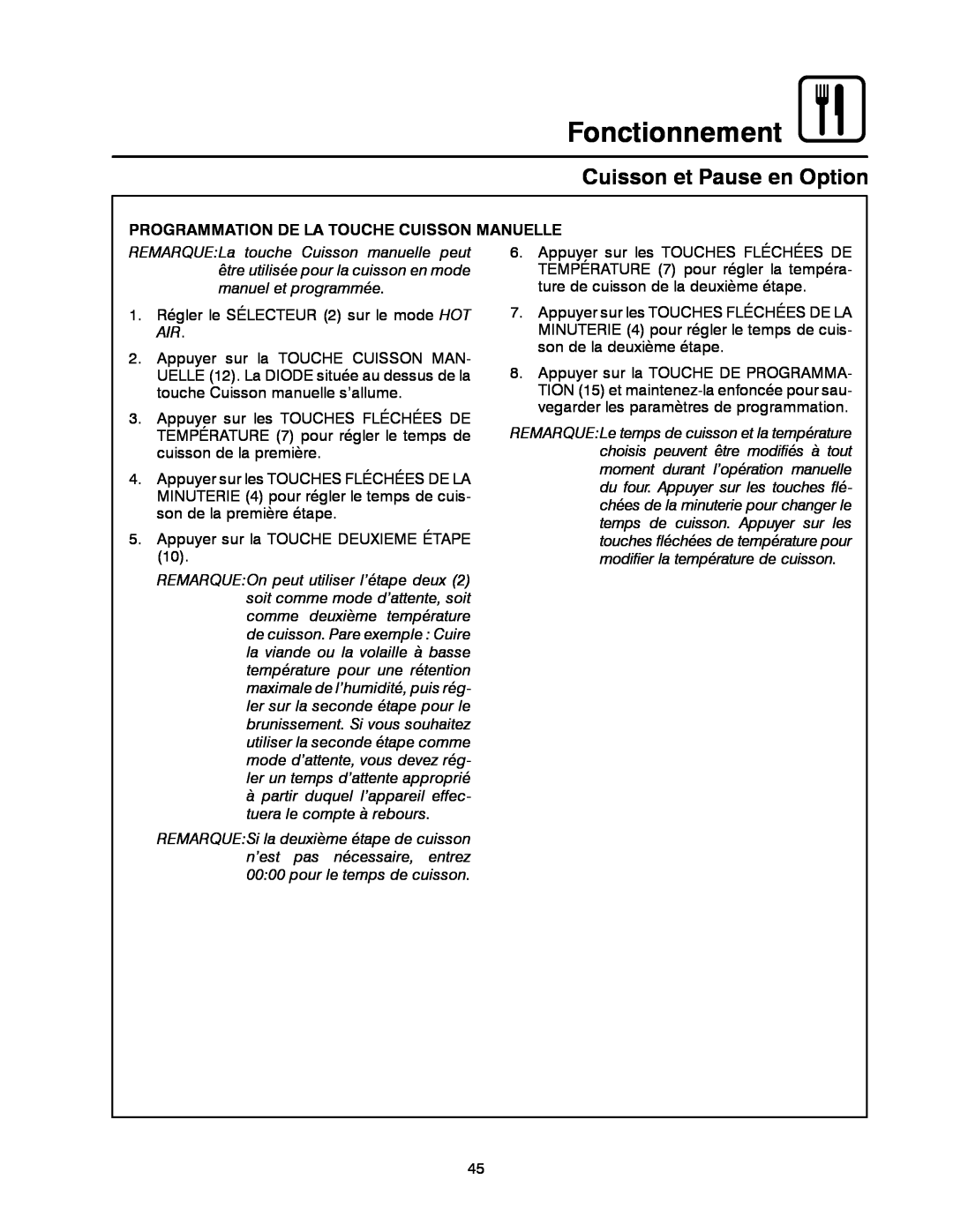 Blodgett CNV14E, CNV14G manual Fonctionnement, Cuisson et Pause en Option, Programmation De La Touche Cuisson Manuelle 
