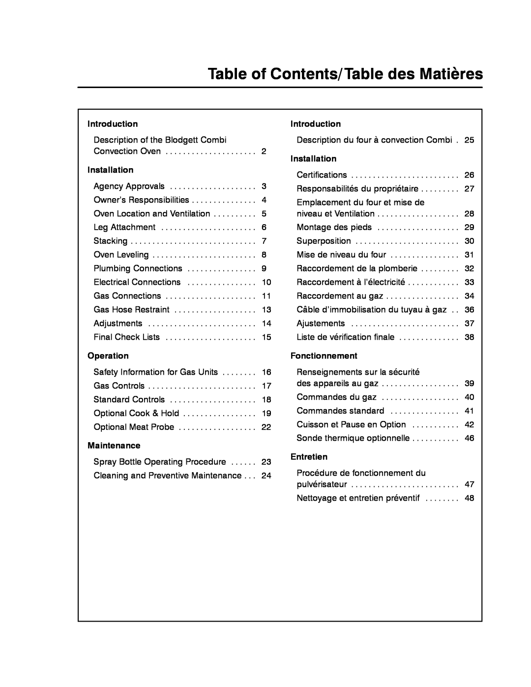 Blodgett CNV14E Table of Contents/Table des Matières, Introduction, Installation, Operation, Maintenance, Fonctionnement 