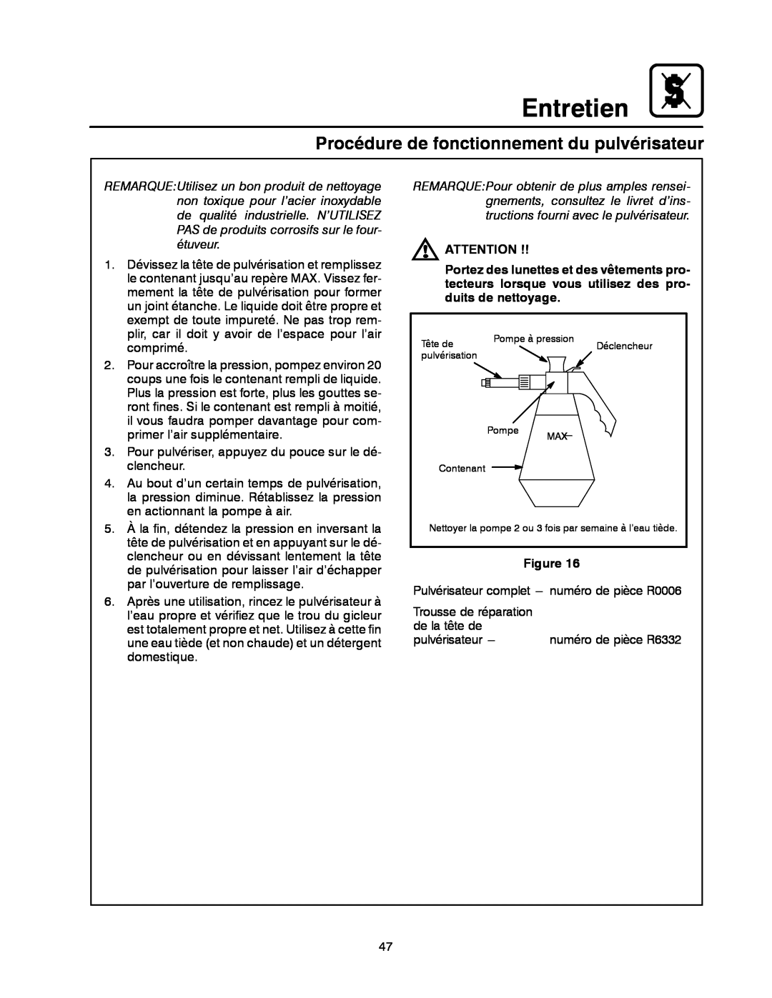 Blodgett CNV14E, CNV14G manual Entretien, Procédure de fonctionnement du pulvérisateur 