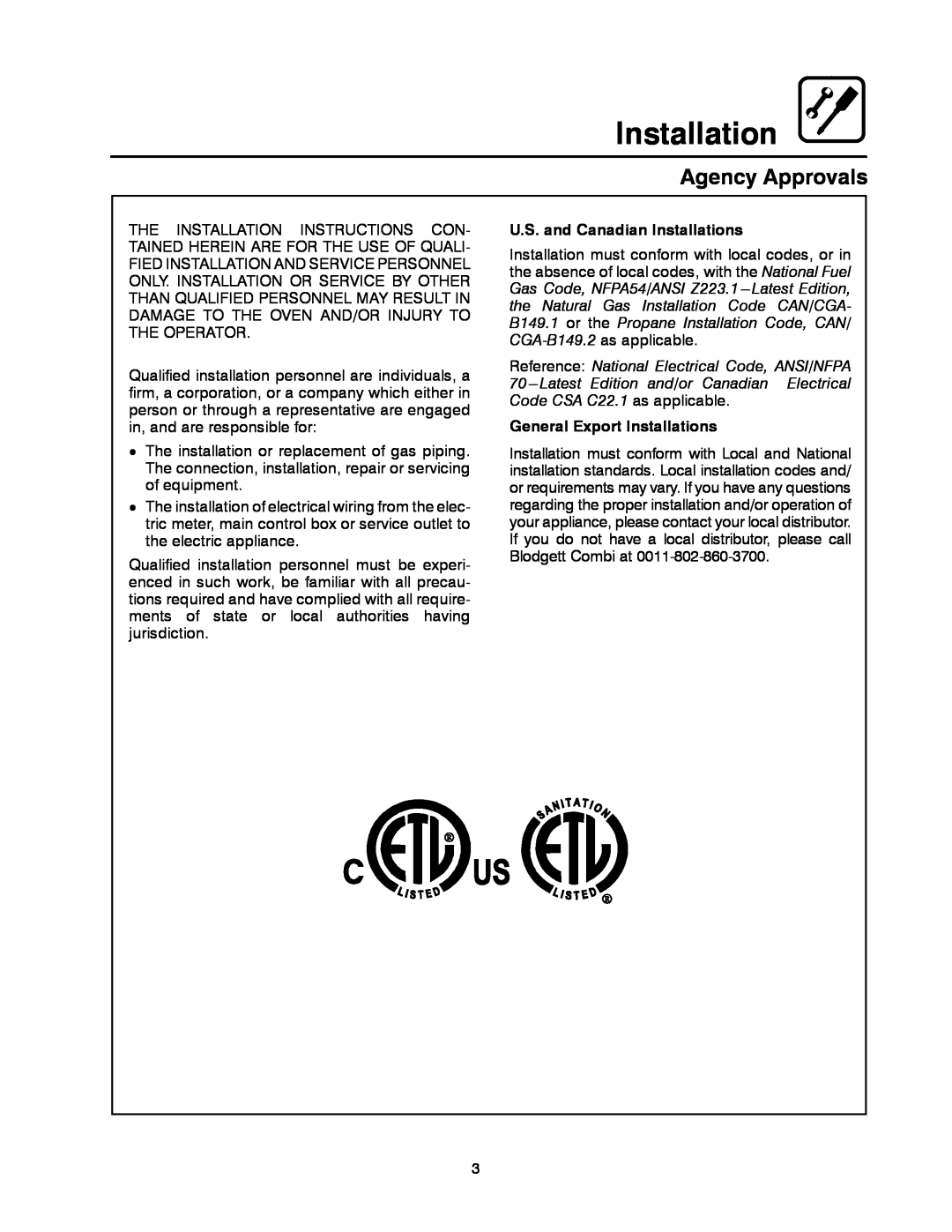 Blodgett CNV14E, CNV14G manual Agency Approvals, U.S. and Canadian Installations, General Export Installations 