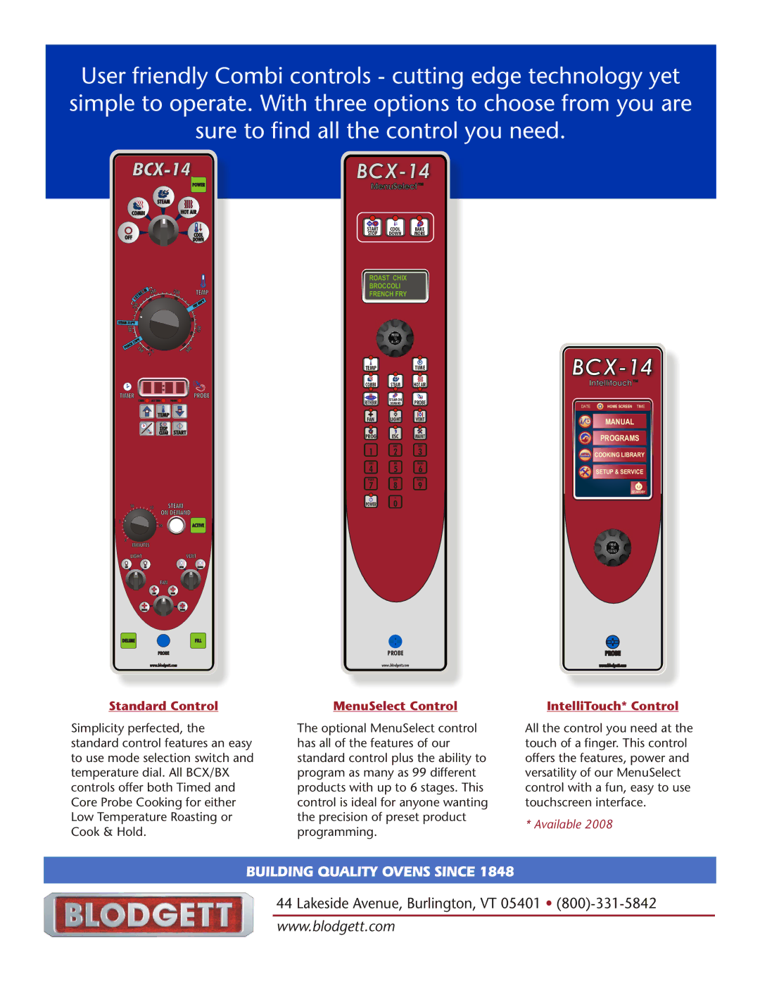 Blodgett CNVX-14 manual Standard Control, MenuSelect Control, IntelliTouch* Control, Roast Chix Broccoli French FRY 