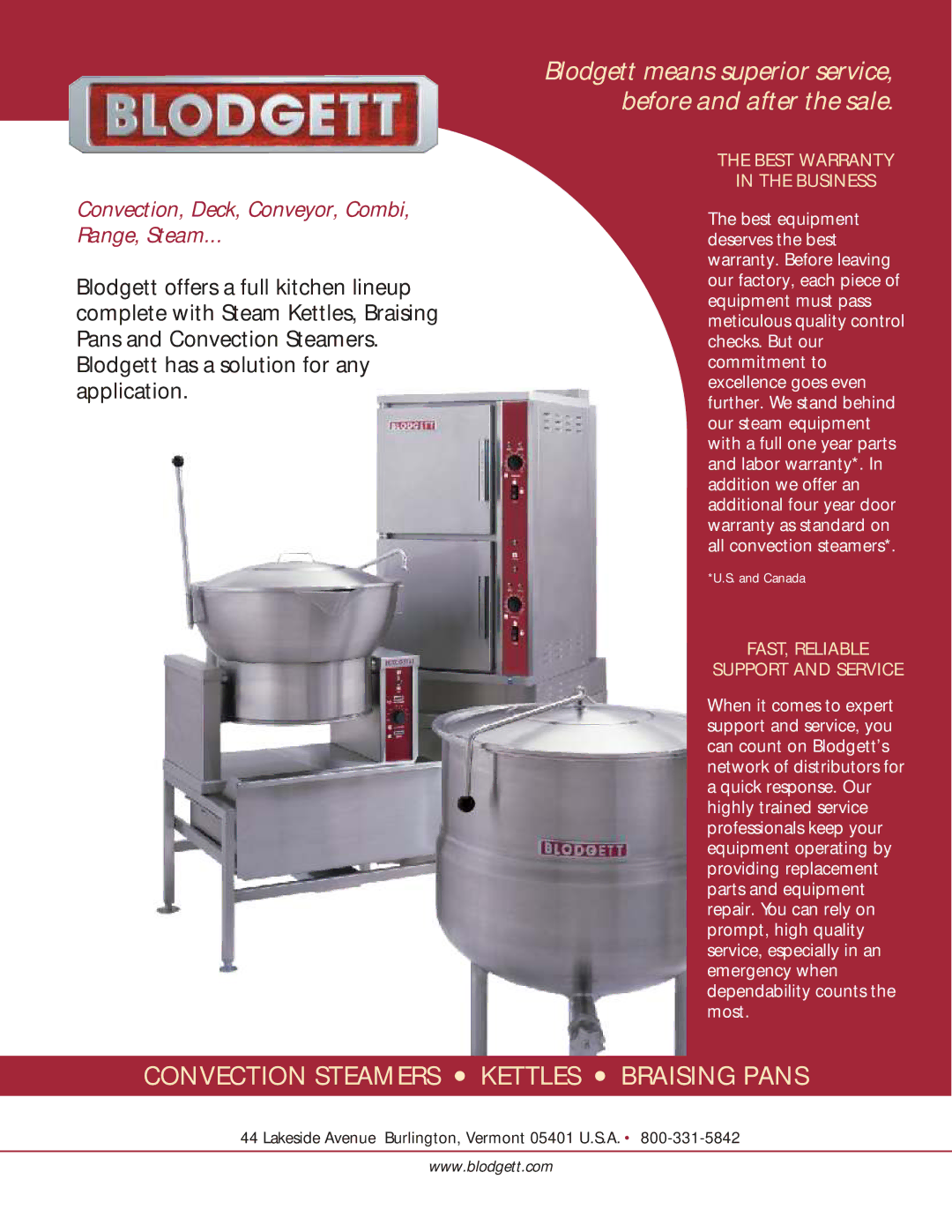 Blodgett CONVECTION STEAMERS KETTLES BRAISING PANS manual Blodgett means superior service Before and after the sale 