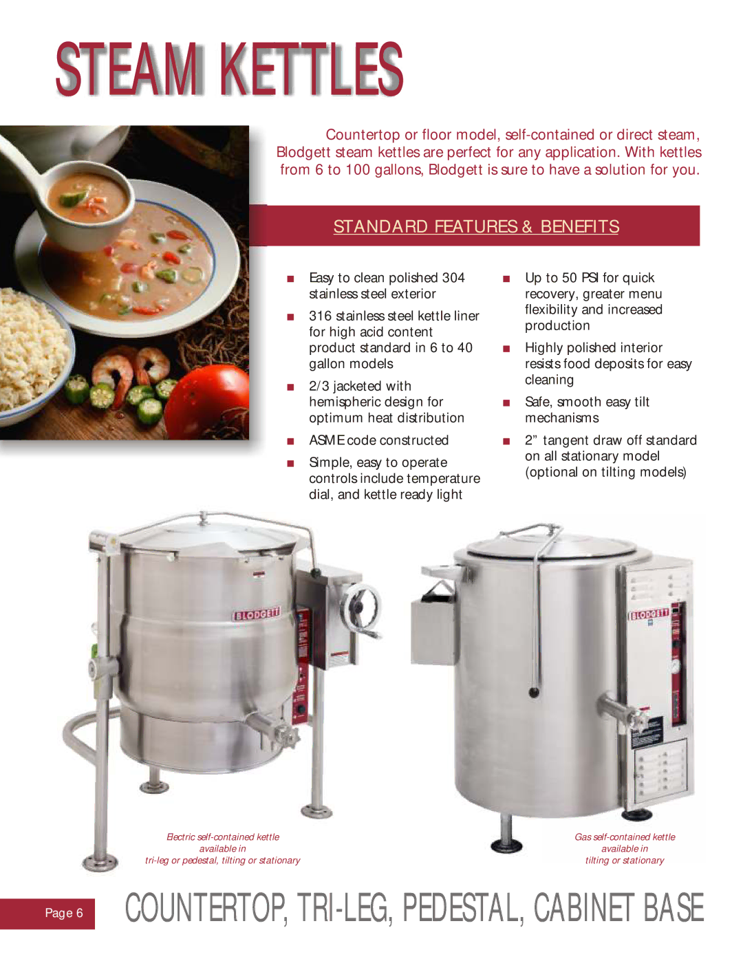 Blodgett CONVECTION STEAMERS KETTLES BRAISING PANS manual Steam Kettles, COUNTERTOP, TRI-LEG, PEDESTAL, Cabinet Base 