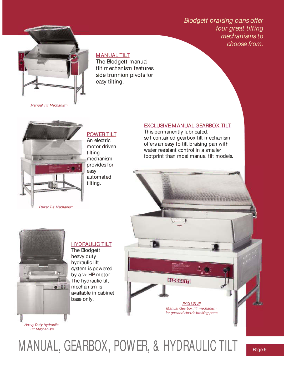 Blodgett CONVECTION STEAMERS KETTLES BRAISING PANS manual MANUAL, GEARBOX, POWER, & Hydraulic Tilt 