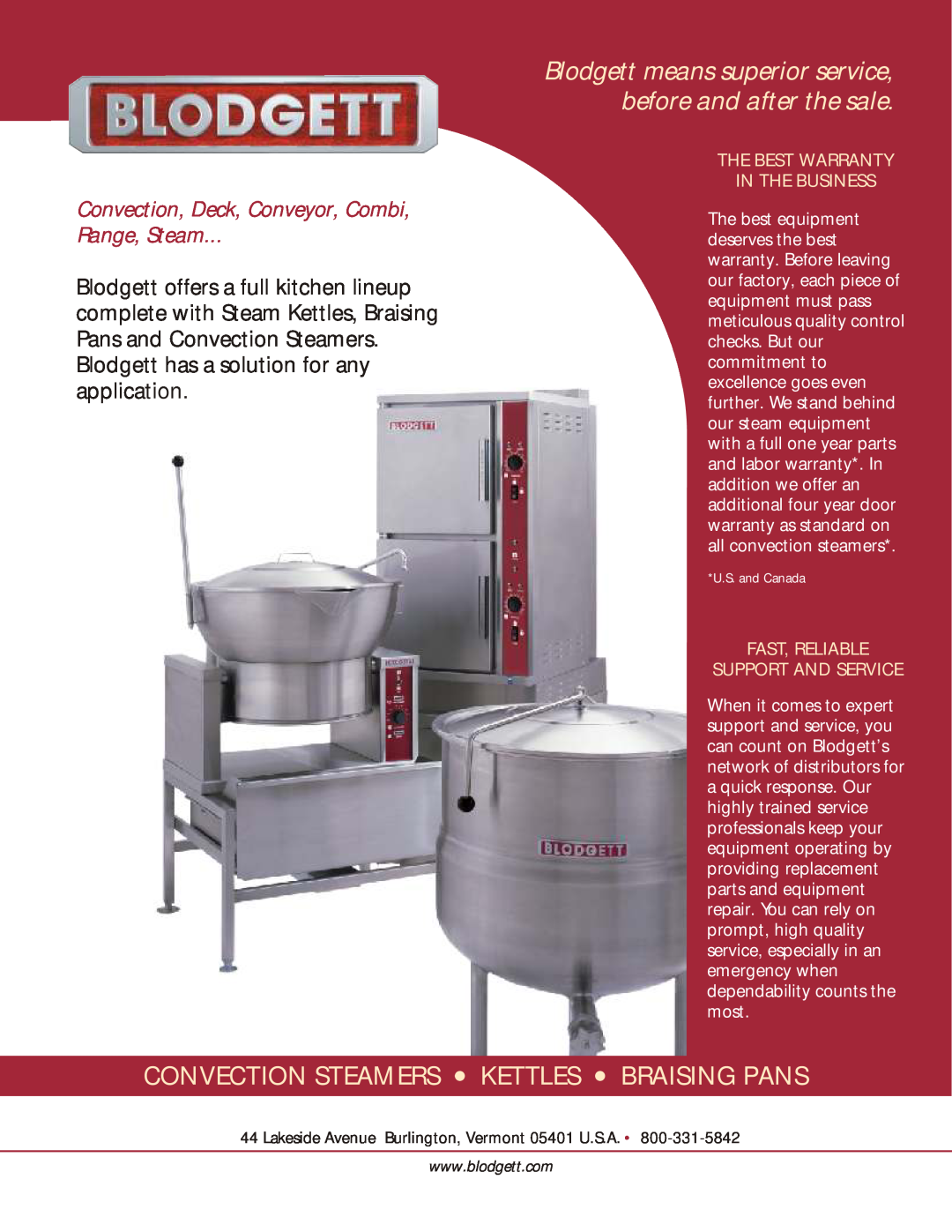 Blodgett CONVECTION STEAMERS KETTLES BRAISING PANS manual Blodgett means superior service, before and after the sale 