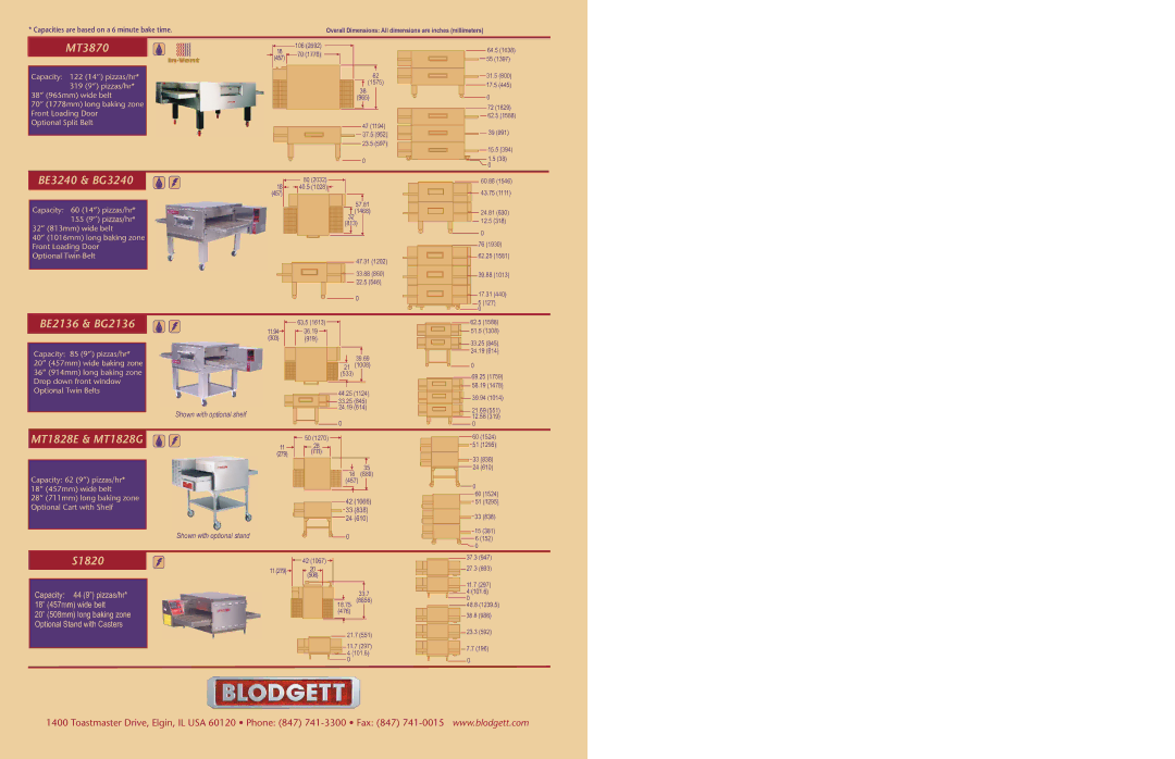 Blodgett Conveyor Oven dimensions MT3870, BE3240 & BG3240, S1820, BE2136 & BG2136, MT1828E & MT1828G 