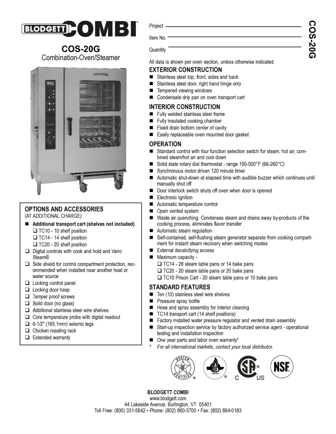 Blodgett COS-20G warranty Exterior Construction, Interior Construction Options and Accessories, Operation 