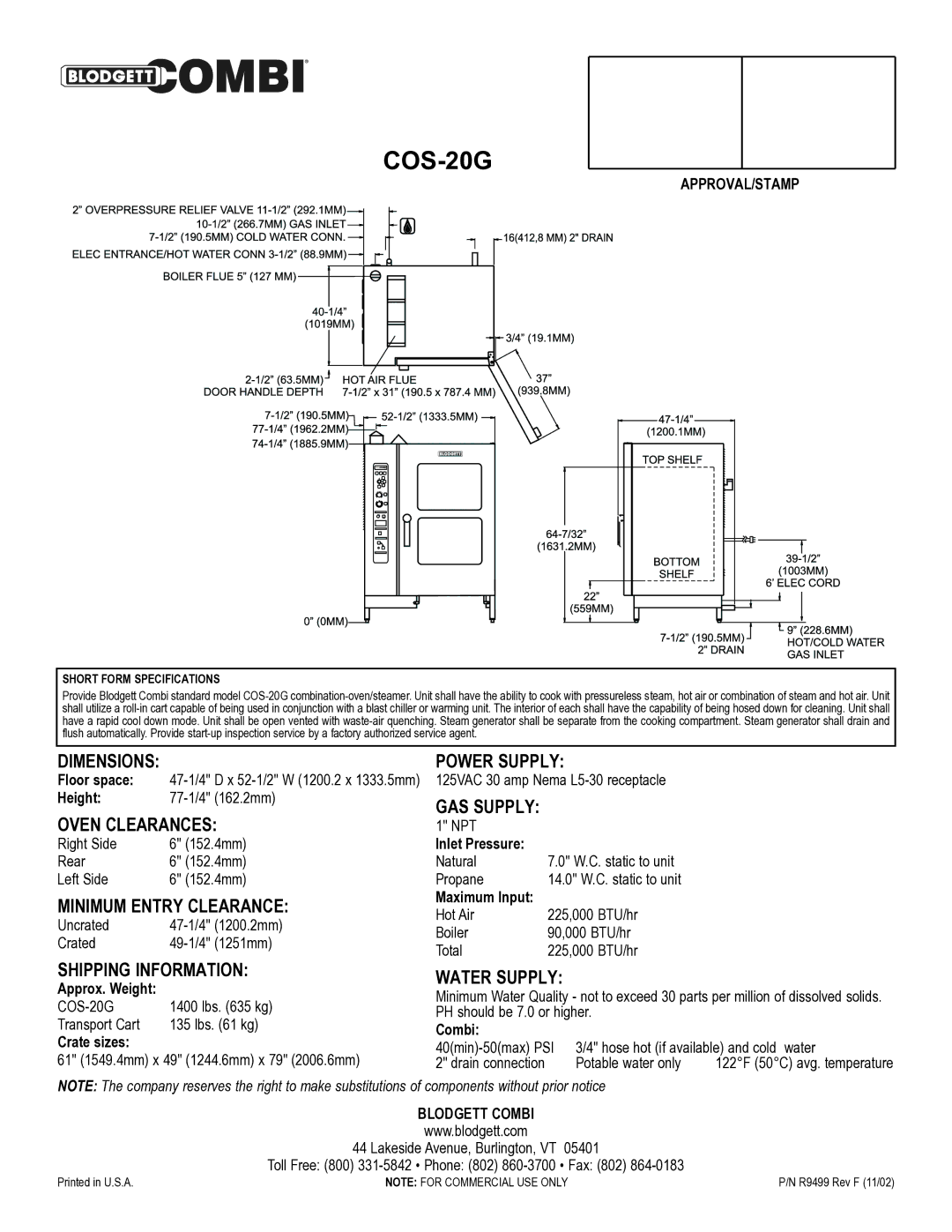 Blodgett COS-20G Dimensions, Oven Clearances, Minimum Entry Clearance, Shipping Information, Power Supply, GAS Supply 