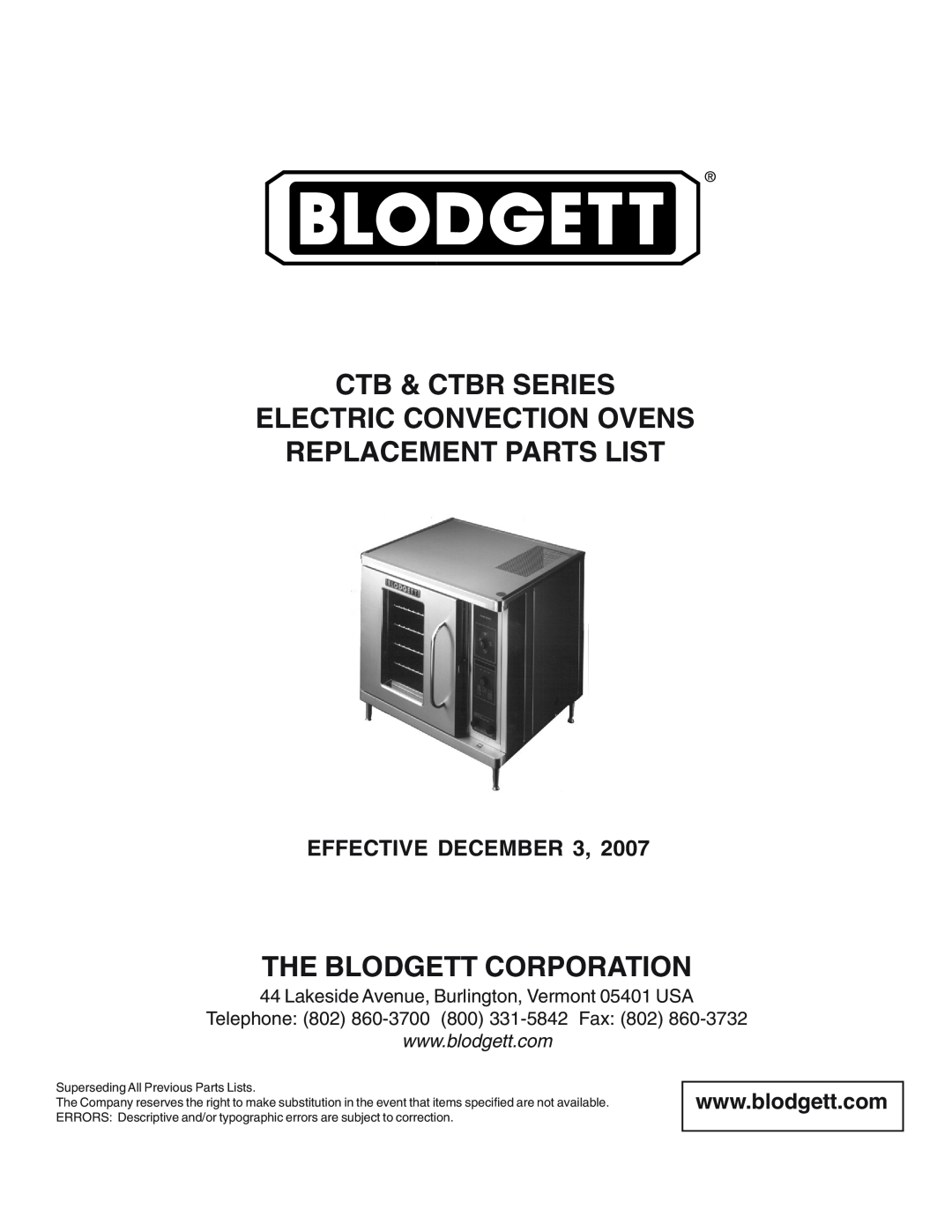 Blodgett CTBR manual Effective December, Ctb & Ctbr Series Electric Convection Ovens, Replacement Parts List 