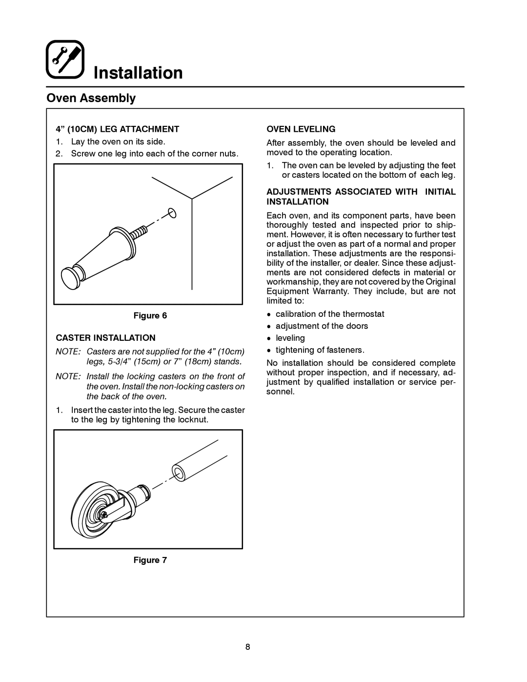 Blodgett CTBR Series, CTB Series manual 10CM LEG Attachment, Caster Installation, Oven Leveling 