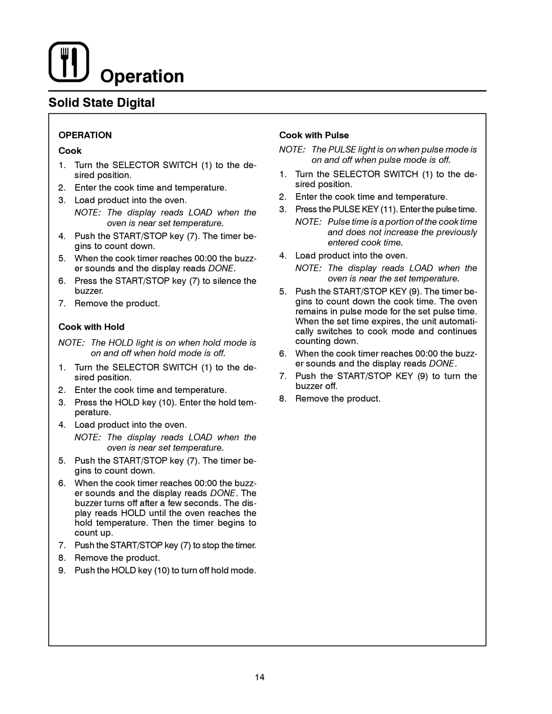 Blodgett CTBR Series, CTB Series manual Operation, Cook with Hold, Cook with Pulse 