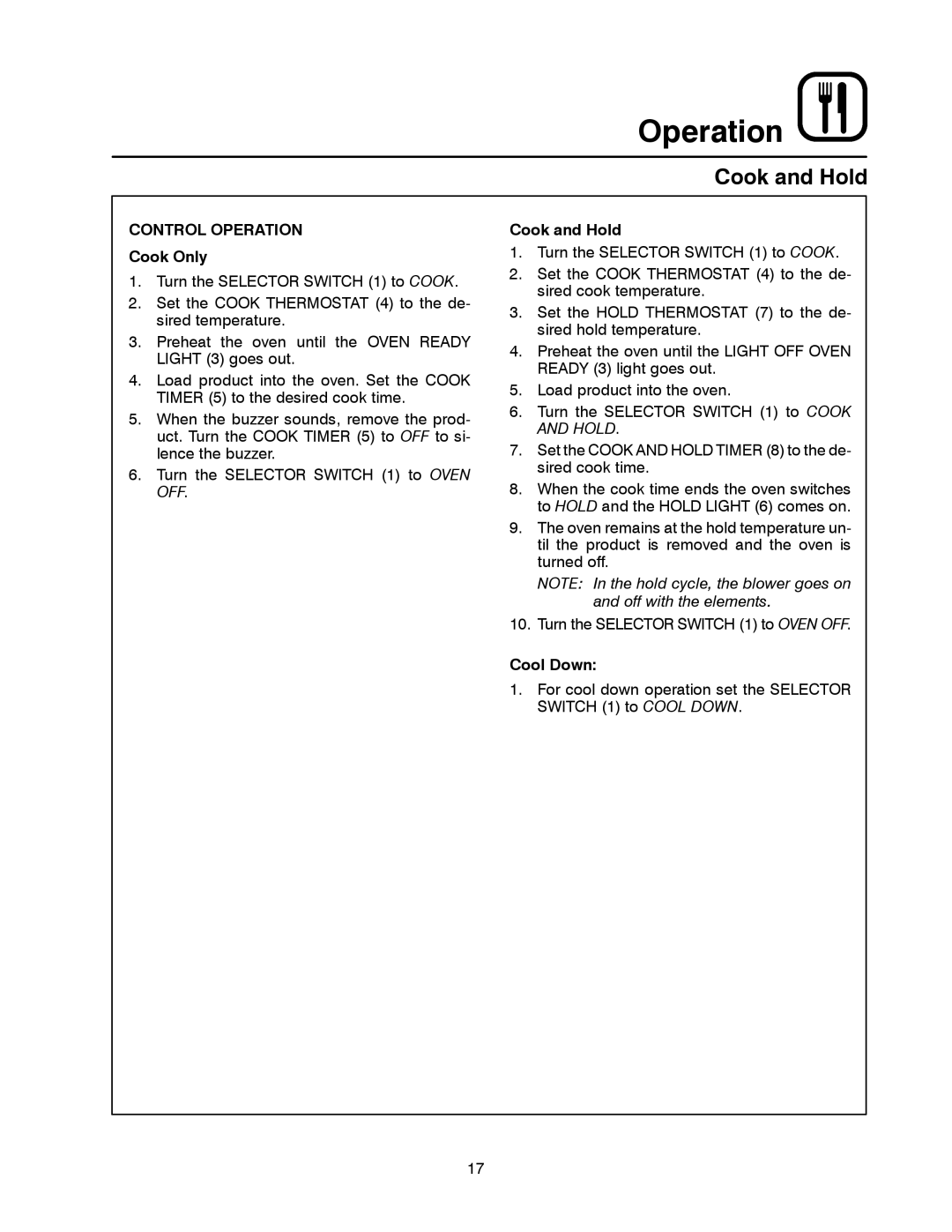 Blodgett CTB Series, CTBR Series manual Cook Only, Cook and Hold, Cool Down 