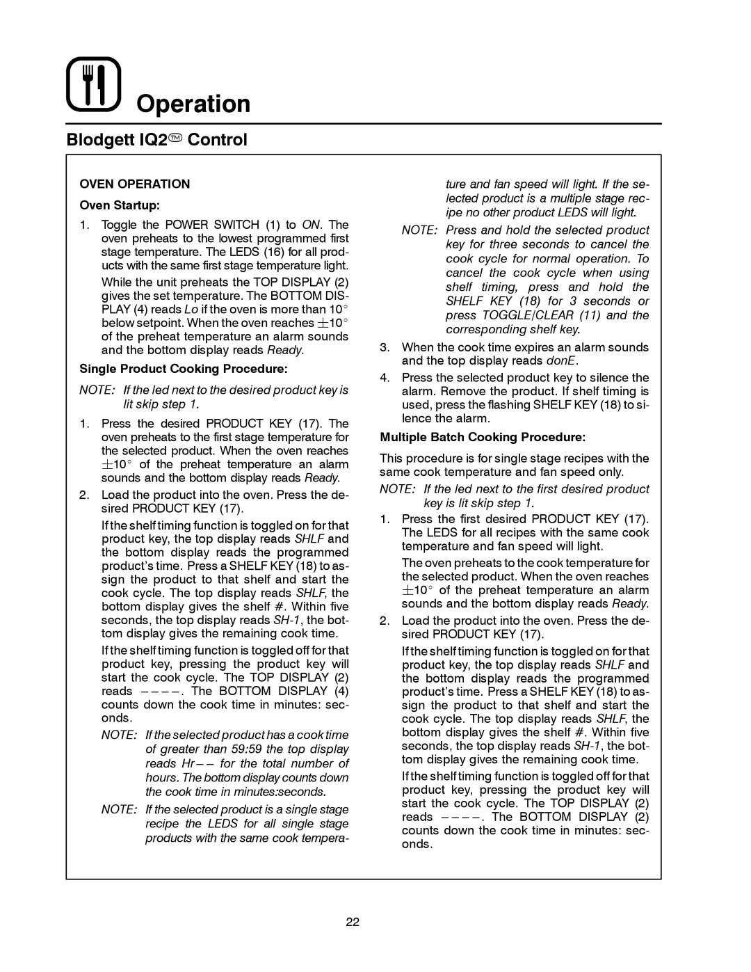 Blodgett CTBR Series Oven Operation, Oven Startup, Single Product Cooking Procedure, Multiple Batch Cooking Procedure 